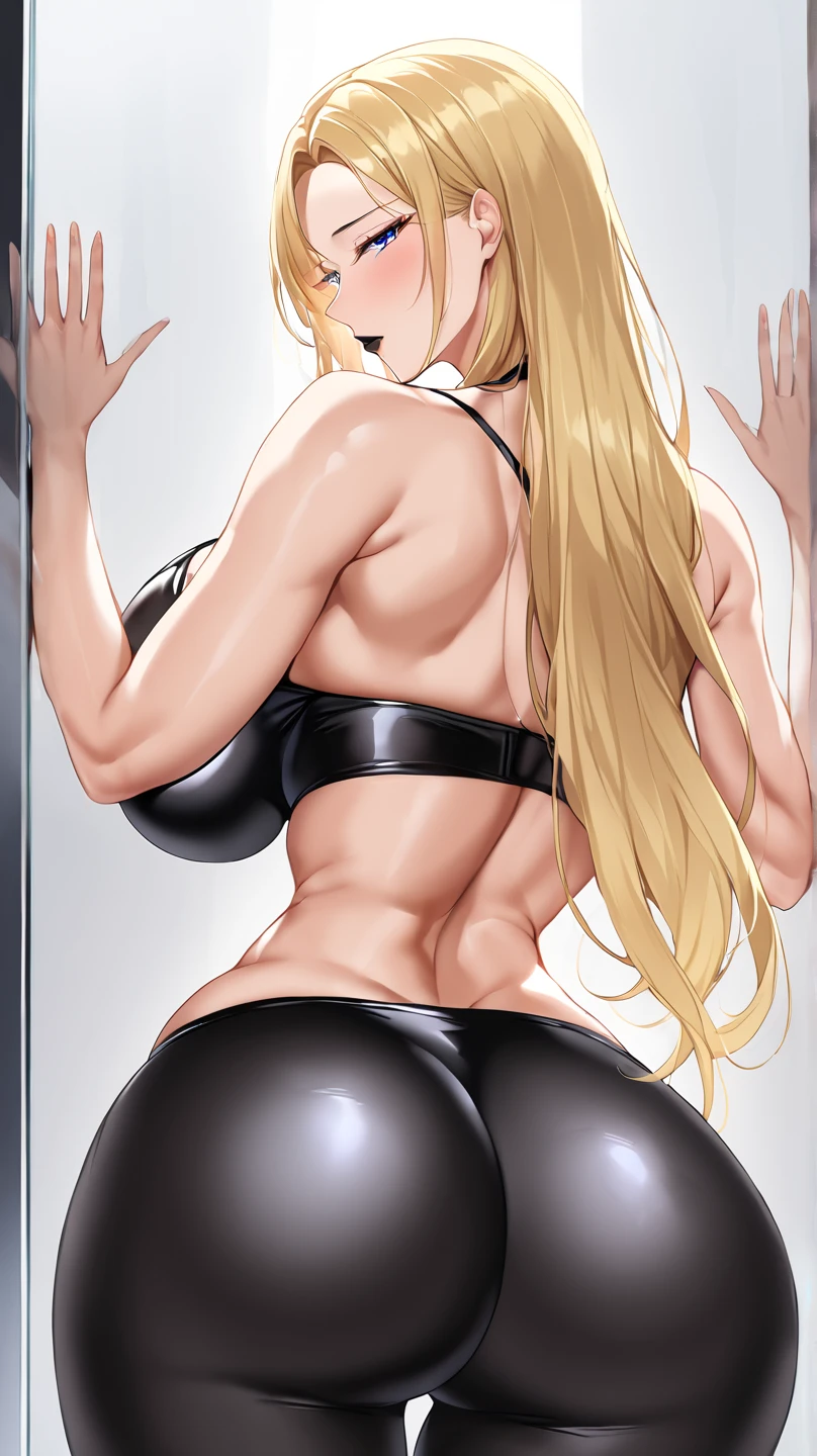 Super detailed、Highest quality、Best image quality、masterpiece、8K、(shoulder-length blonde hair、Medium Long Hair)、(laugh:1.3) 、(Open Mouth)、(cheerful)、(tareme)、(big eyes)、(Beautiful shining eyes)、(High Detail Anime Eyes)、(puffy eyes)、(Big Tits:1.5、topless:1.3)、((SFW Huge Body))、(((Rear View)))、Cowboy Shot、(Thong、カルバンクラインThong、ckundies)、(A woman is showing her buttocks towards you:1.5)、(Beautiful ass)