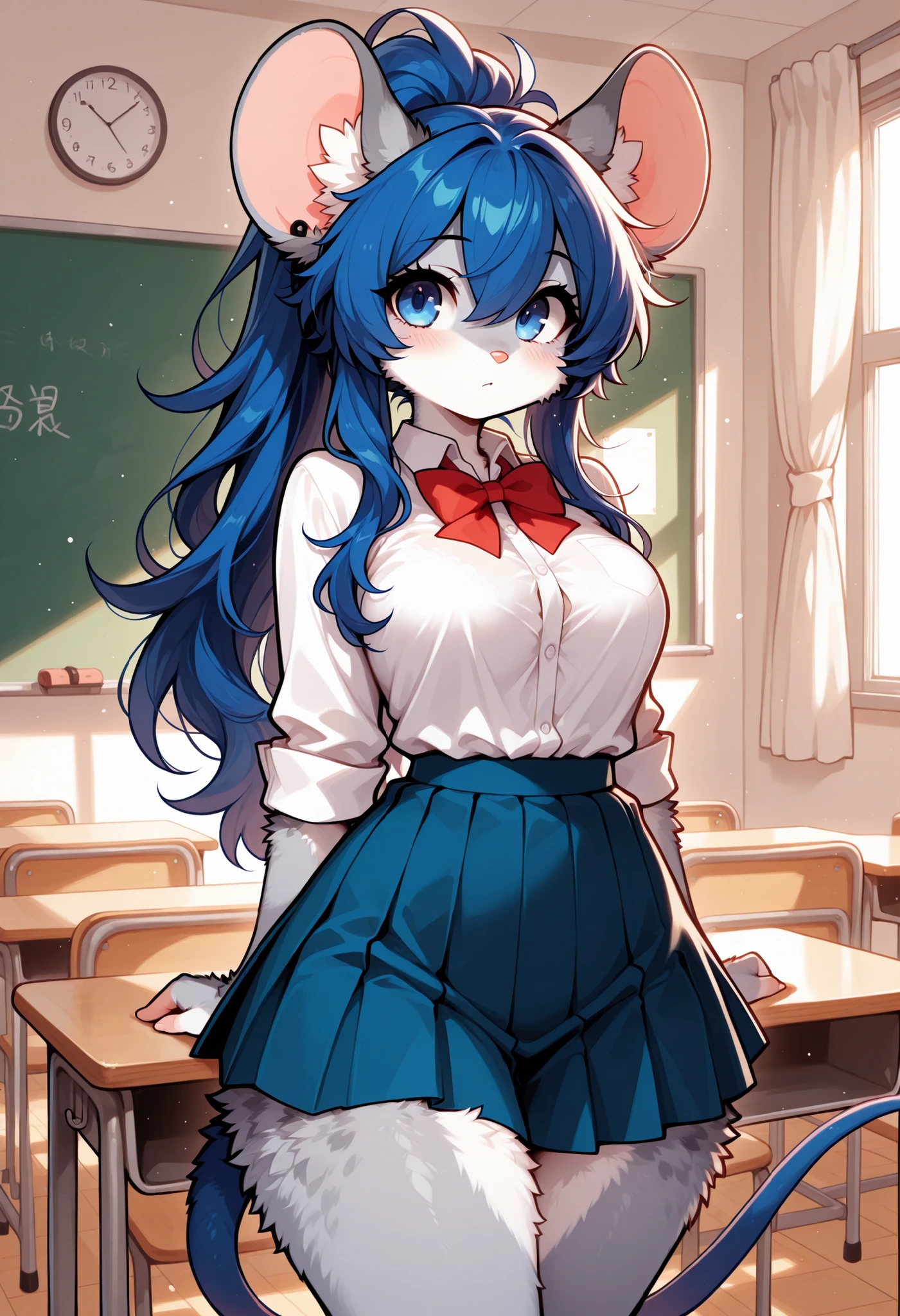 (Masterpiece) (High Detail) (High Res) A very short petite anthro mouse Furry Female with navy-blue Fluffy Fur across her whole body and long navy-blue hair in a ponytail and bright navy-blue eyes and navy-blue fluffy mouse ears and medium breasts and a long fluffy navy-blue mouse tail and wide hips and thick thighs. Long navy-blue hair. All navy-blue fur. Long Hair. She is wearing a button up white blouse and pleated skirt and is in a school classroom.