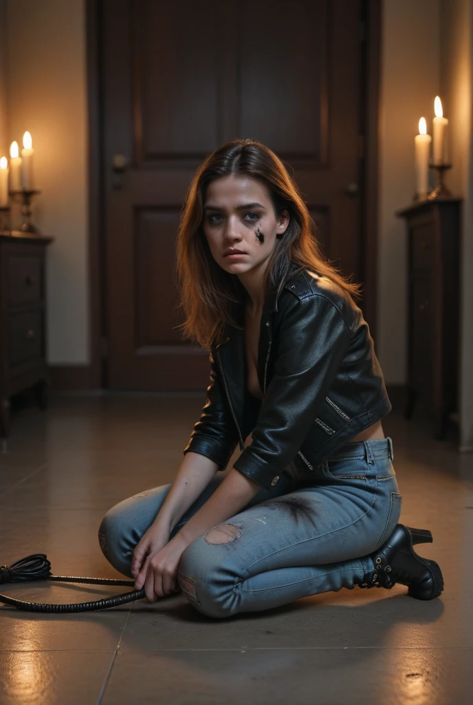 misa, realistic portrait of a beautiful young woman with long brown hair and striking blue eyes, looking directly at the camera with a soft expression, standing in a room with white walls, wearing a black jacket, a white t-shirt and blue jeans pants, natural lighting, highly detailed, photorealistic, 8k, (best quality, ultra-detailed, masterpiece:1.2), (realistic:1.37), cinematic lighting, warm color tones, elegant, captivating