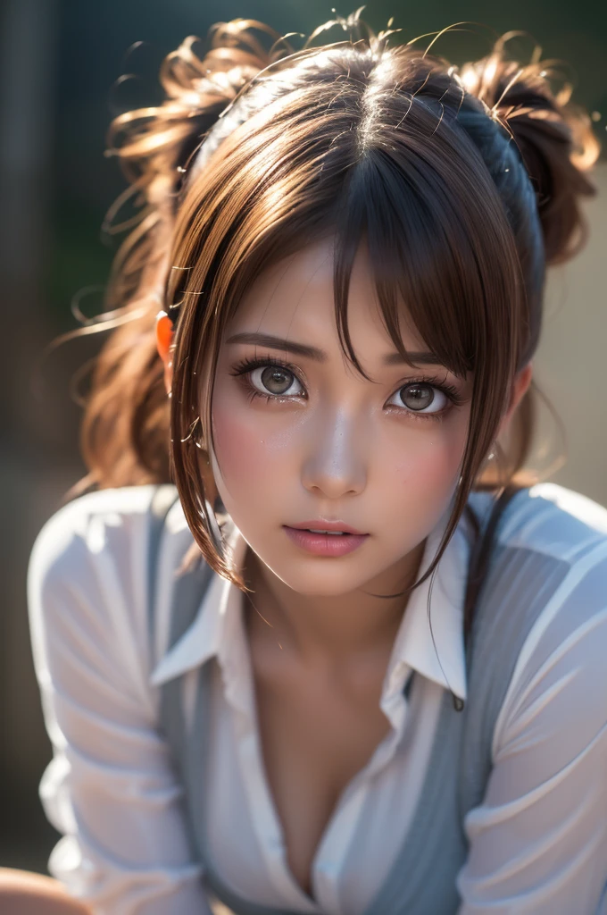 A masterpiece of cinematic photography! A stunning young woman with an updo hairstyle and a very cute face gazes directly into the lens. Her eyes are incredibly detailed, with a subtle sadness hinting at her sorrowful expression [(sorrow)]. She wears a thin, dark shirt with tears [(裂けたClothes:1.5)] and stains [(濡れたClothes:1.4)], her bare shoulders exposed as she stands in front of a dirty, muddy backdrop. Her twintails blonde hair is messy, with streaks of chocolate brown mud staining her once-white locks. A torn and worn-out dress hangs loosely around her body, its threads frayed from the ravages of time and neglect. The camera captures every detail in stunning High resolution [(fidelity :1.4)], with a level of realism that's almost hyper-realistic [(hyper quality)]. The overall effect is both captivating and heartbreaking, inviting the viewer to sympathize with this poor, desperate woman as she weeps tears [(tear)] onto her stained clothing.