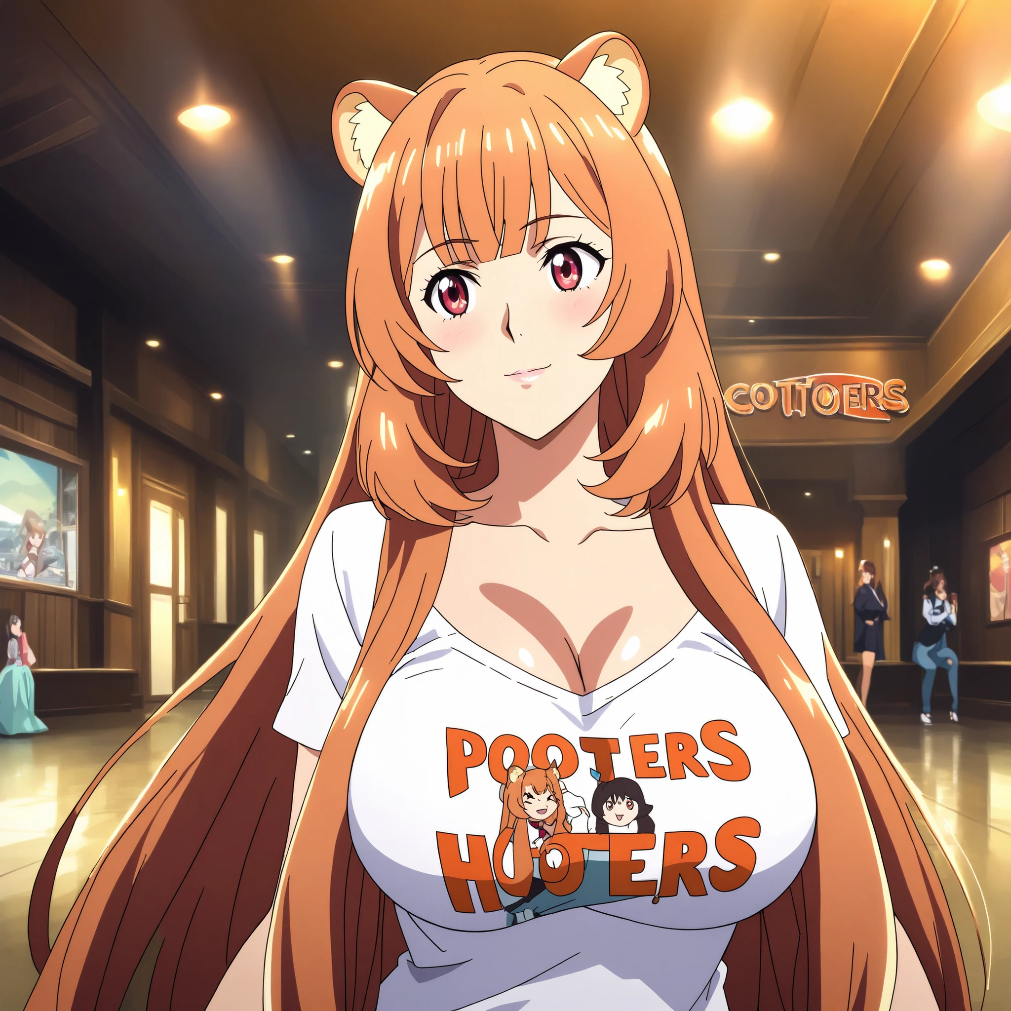 Raphtalia, 20 years old, bright orange hair, ruby-red eyes, round animal ears, sonrisa encantadora. Blushing, curvaceous, and slender figure with large, shapely breasts. viste una camisa color blanco escotada con las letras hooters escritas en ella de color naranjo. usa pantalones cortos ajustados color naranjo y zapatillas blancas.. esta de pie con las manos a los costados caminando por un restaurante al aire libre. Soft, warm lighting highlights her skin and hair. Anime-style, high-quality, ultra-detailed art, 4K, soft shadows, and vibrant lighting effects. (Large breasts). Perfect skin with no scars. Focus on the breasts.