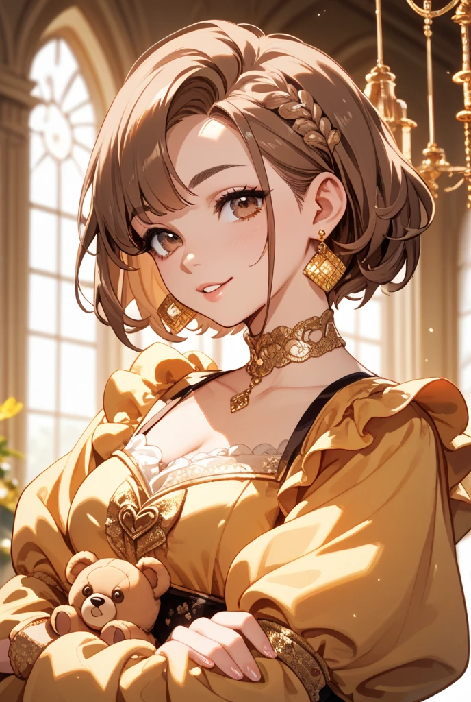 1 girl, alone, brown hair, long, ???????, looking at viewer, smile, bangs, brown hair, dress, jewelry, ??????????????, closed mouth, yellow eyes, red lips, standing,