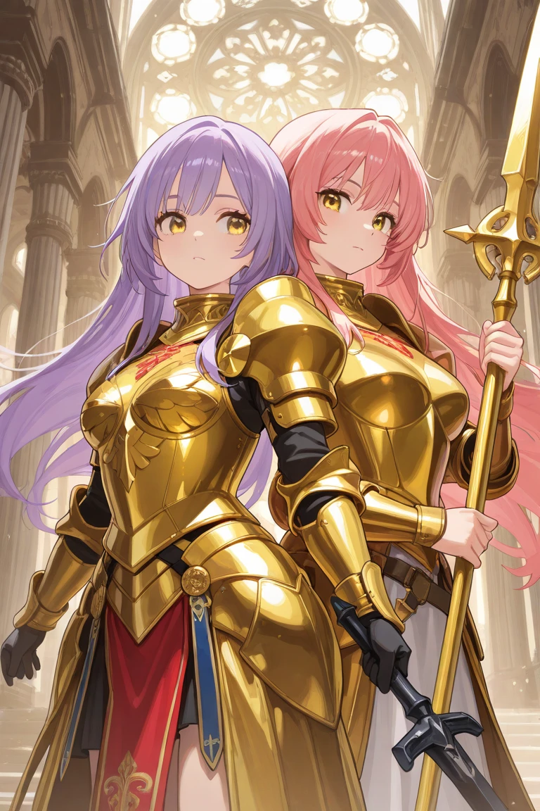 tow female paladin (x2 girls in same picture )  one blonde paladin with lovely golden eyes wearing a golden plate armor holding a golden mace and golden shield . second girl is redhead paladin wearing a black/red plate armor with a great black sword .  