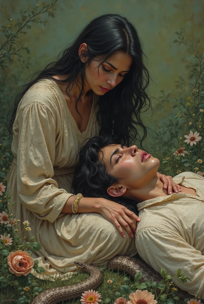 A man carries a sad expression as he holds a pink flower tenderly, longing to offer it to his beloved. No entanto, seus olhos se encontram com uma cena devastadora: His wife is lying on the ground, sem vida. The melancholy of the scene is portrayed with the striking artistic style of Da Vinci, capturando o drama e a intensidade do momento. Fotografado por Rafael Silva com uma Nikon D850 e uma lente 85mm, The lighting is soft and focused, ressaltando os detalhes emocionais da cena