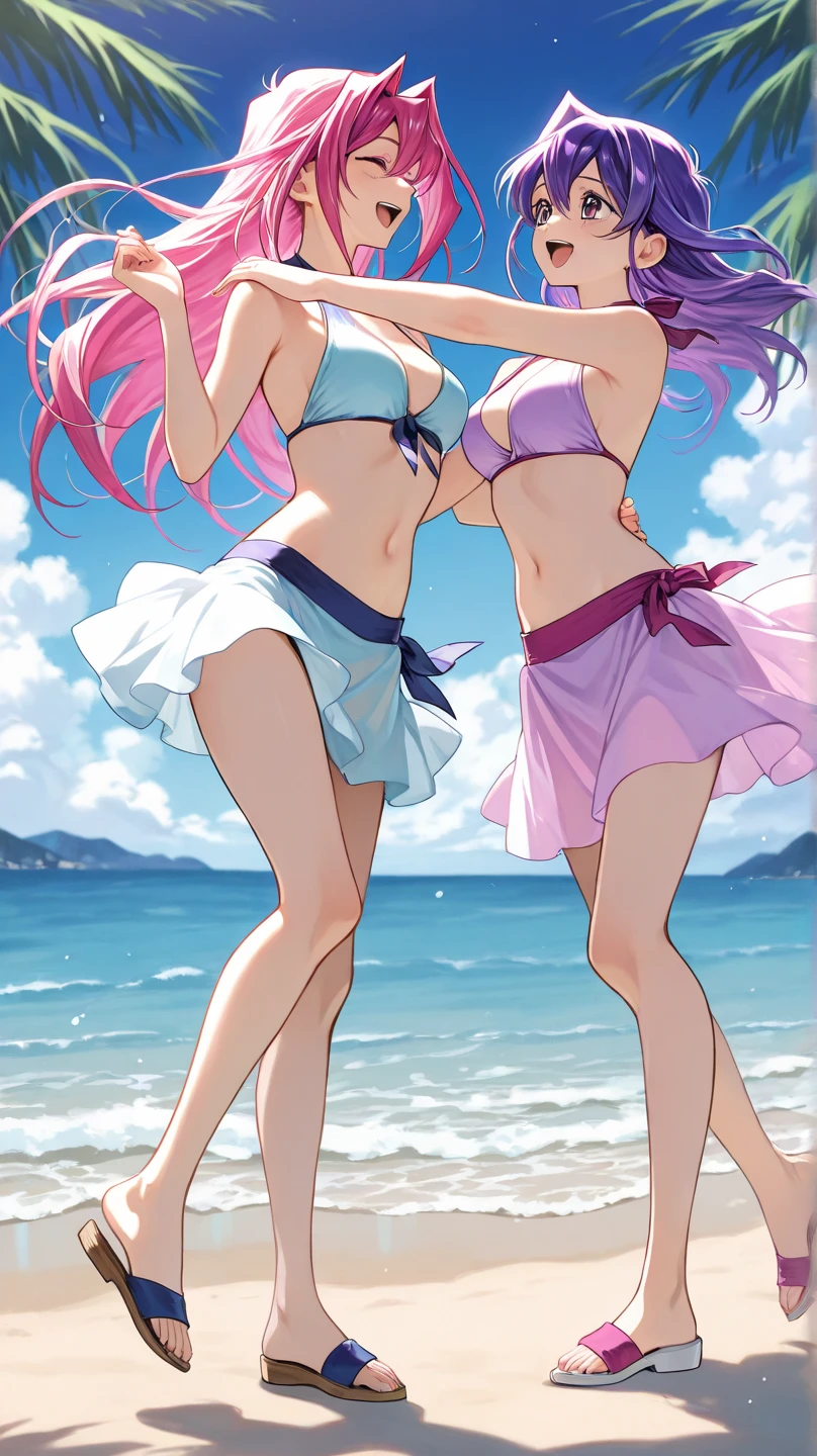 some pretty anime characters fighting over water with one another over the top of them a sun blushing lewd face while wearing very tight boots micro bikini
