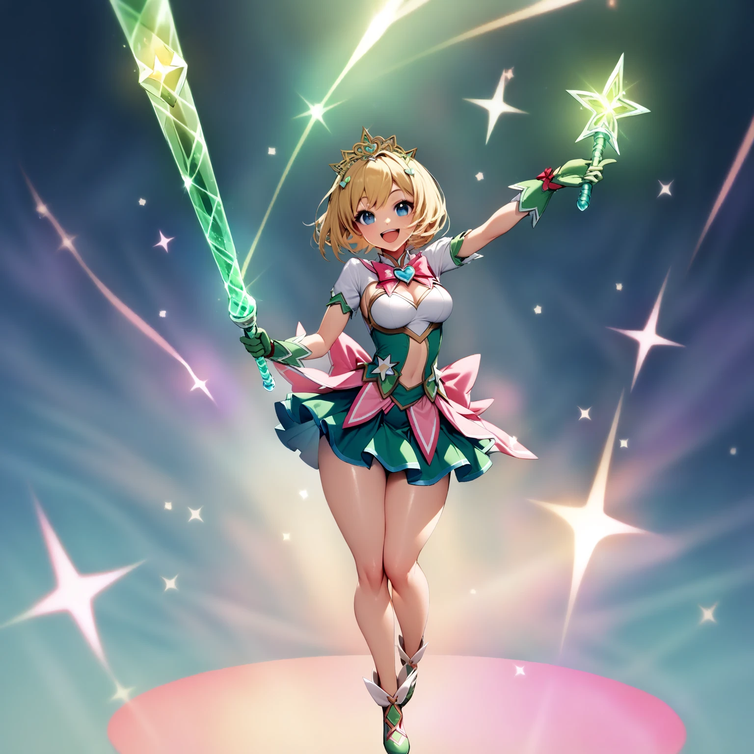 1 young woman, (((extremely cute and beautiful))), (((smile))), (((open mouth))), (((fully exposed neckline))), (((medium breasts))), (((thick thighs))), (((white top))), (((short hair))), (((blonde hair))), ((full body)), shiny skin, (((blue eyes))), (((magical girl style))), (((magical girl uniform))), (((green mini skirt))), (((green long gloves))), ((magic rod))), (((hair tiara))), (((sparkling heart pink background))), (((crystal light effect))), ( Magic Effect: 0.9)