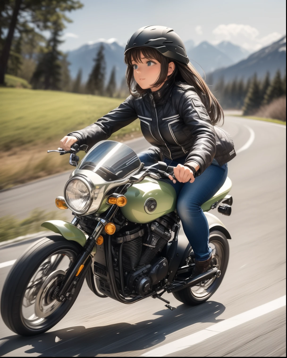 ((( Masterpiece:1.3, Best Quality, hight resolution, nffsw, Perfect Pixel, 4K, nffsw, nffsw))), 1girl in, Off-road motorcycle driving on spring country roads、18-year-old girl、jet helmet、((December scenery, white Christmas, softly falling snow, she drives carefully along the national highway)), She has both hands on the handlebars, she's low to the ground, she's cornering great.