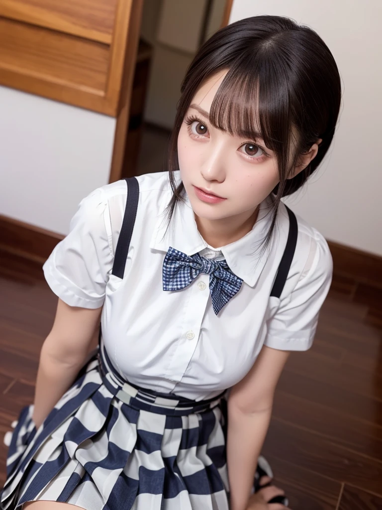 (masterpiece:1.2, highest quality), (Realistic, photoRealistic:1.4), Beautiful illustrations, (Natural Side Lighting, Cinema Lighting), Written boundary depth, Looking at the audience, (Face Focus, Upper Body), Front view, 1 girl, English, high school girl, , Perfect Face, Symmetrical cute face, Shiny skin, (Bob Hair:1.7,blonde), Asymmetrical bangs, Big eyes, Droopy eyes, long eyelashes chest), thin, Beautiful Hair, Beautiful Face, Beautiful and beautiful eyes, Beautiful clavicle, Beautiful body, Beautiful breasts, Beautiful thighs, Beautiful legs, Beautiful fingers, ((High-quality fabric, brown knit vest, Short sleeve white collar shirt, Navy Pleated Skirt, Navy bow tie)), (Beautiful views), evening, (Inside the flower shop), Are standing, (smile, Superior, Open your mouth), (From below:1.5),(Poor visibility:1.5), (((No pants, Genitals are visible))),(((Open your feet wide)))、
