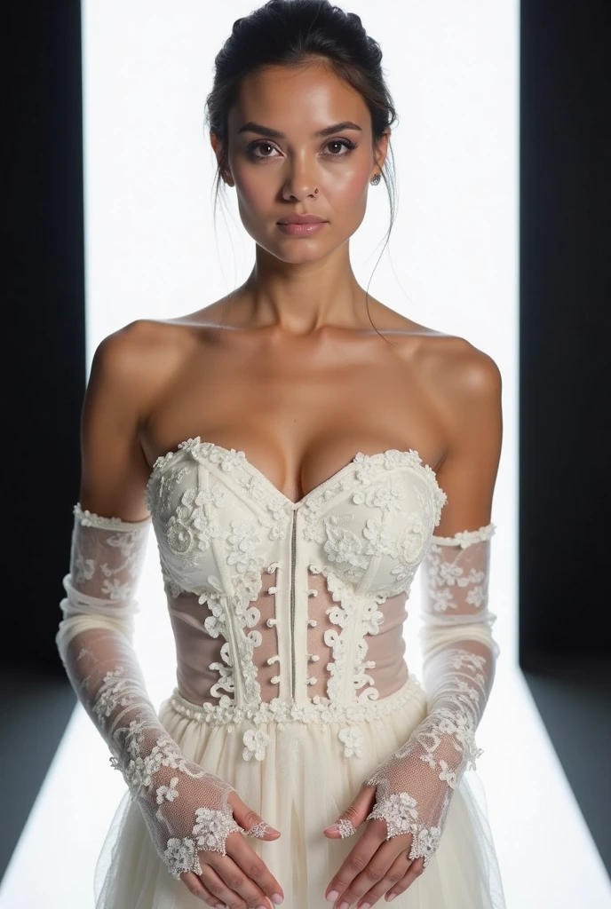 (cowboy shot:1.2) image of a white bride with long sleeves and lace dress, hands on hips, (black hair), blue eyes, blunt bangs, (off-shoulder, choker, earrings, tiara:1.3), looking at viewer, (gigantic chest:1.3), slit dress, bare thighs