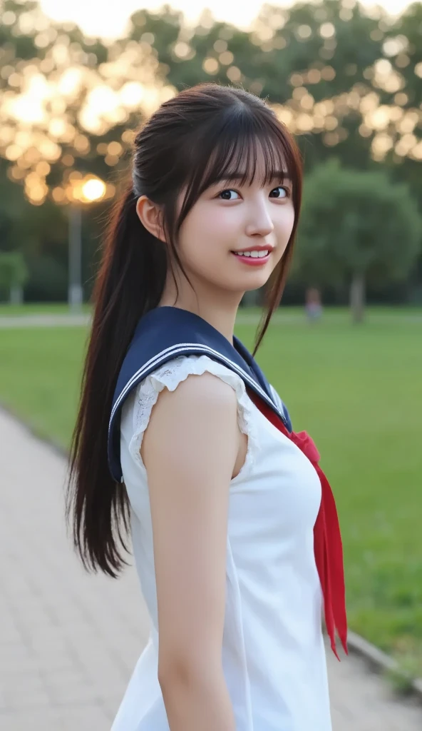 (Close-up portrait of slender small breasted girl、Has long brown hair in a half-up style with blunt bangs in a white sailor suit with a black collar and a black skirt with red trim。:1.5)、(A girl walking with a small smile on a Japanese country road:1.5)、(Blurry background,:1.5)、(Perfect Anatomy:1.5)、Photorealsitic、Raw photography、masutepiece、top-quality、hight resolution、delicate and pretty、face perfect、Beautiful detailed eyes、Fair skin、Real Human Skin、((thin legs))