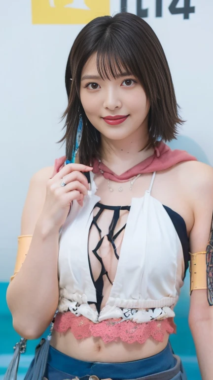 (Japanese Idols, 1 girl, Unparalleled beauty, Seduce, smile, Small face, Perfect Style, Body based on human mechanics, RAWphotograph, Real person:1.4) photograph, (Bright lighting, Professional Lighting), (((Highly detailed face))), ((double eyelid)), (Boobs Sharp Focus:1.4), (Brown Hair, ponytail, light makeup, eyeliner, mascara:1.4), Huge breasts, Beautiful smooth skin, Soft Skin, 20-year-old, ((slender body), (Red turtleneck, Navy blue dress, I can see her cleavage, Tifa Lockhart:1.4), Attractive face, NSFW,