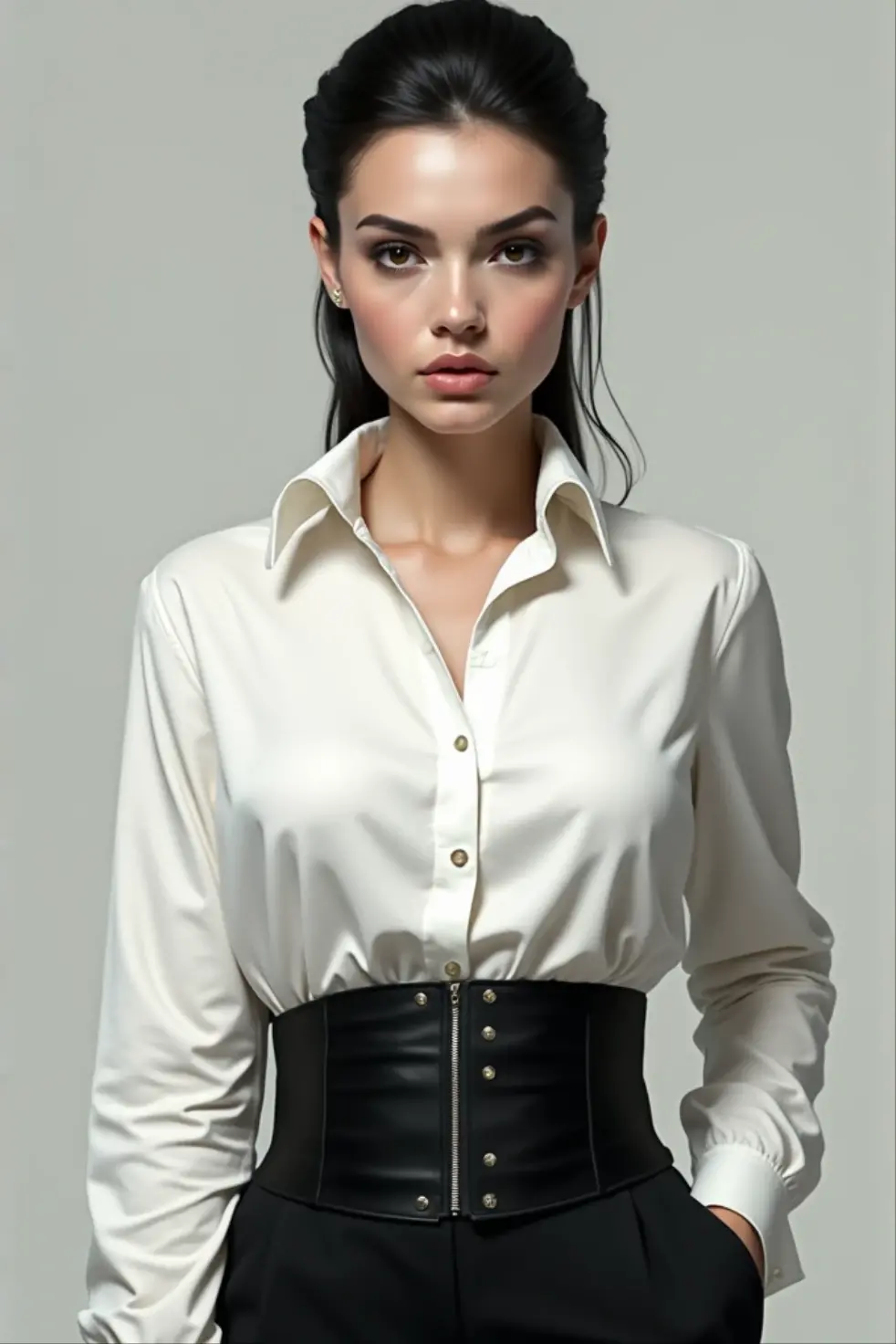 A stylish woman confidently posing in front of a wall with the "Forbes" logo. She is dressed in a chic and modern outfit consisting of a black corset dress layered over a crisp white shirt with a tie. The dress features a short, flared skirt that adds a playful yet professional touch. She completes her look with sheer black tights and classic black high heels. Her hair is neatly styled, and she exudes an aura of sophistication and confidence, perfectly matching the prestigious brand behind her.
((stylish woman)), ((Forbes logo)), ((black corset dress)), ((white shirt with tie)), ((short flared skirt)), ((sheer black tights)), ((black high heels)), ((confident pose)), ((sophisticated aura)) BREAK ((highres:1.5)), ((best quality:1.6)), ((fashion photography:1.4)), ((editorial style:1.3)).