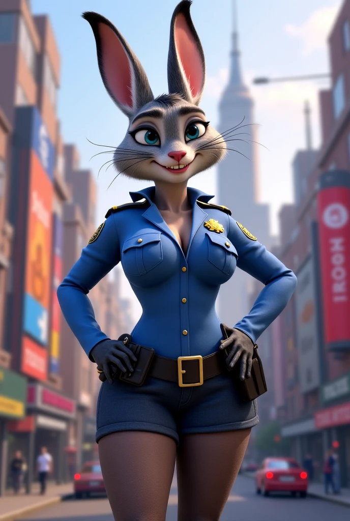 (best quality, masterpiece:1), furry female anthro judyhopps, portrait, police uniform, full uniform, rabbit tail, police belt, police badge, blue pants, smile, purple eyes, body fur, half-closed eyes, (detailed urban city background:1.1), 3d pixar style, sexy pose,