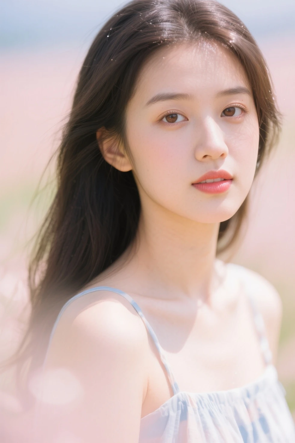 (((Highest qualityで、Very detailedな)))Ultra-high resolution close-up image of a face,length, Straight black hair frames her face,You can clearly see each and every hair、((Depicts subtle color changes depending on the amount of light hitting the subject,The skin is white and smooth、Natural shine,Fine skin、Expressing the fine details of pores)),Detail of slight redness on forehead and cheeks,eyes are light brown,(((Iris detail、Expressing color gradations and patterns))),length, Natural Eyelashes, Each is visible,well-groomed eyebrows、眉毛やまつ毛のpersonal々The hair is clearly visible,Light reflects off the eyes、Create small highlights,The nose is delicate、Fine detail on the nostrils,唇はふっくらとして自然なpink色,Draws fine lines and soft curves of the lips,Shiny、Accentuate the shape,Detailed depiction of lip texture,Special attention is paid to the depiction of light and shadow.,Soft natural light gently illuminates your face from the front,A slight glow on the forehead, nose and cheeks,The shadows are softly cast along the contours of the face.、Accentuates the curves of your cheekbones, Side of chin and nose,Her lip gloss reflects the light subtly.、Emphasizes plump texture,The shadows in the hair add depth and dimension、personal々Hair sparkles in the light,The background is simple and blurry、Focus on the face,Highest quality, Realistic, Realistic, Very detailed, Very delicate and beautiful, RAW Photos, Professional Lighting, Facial Lighting, Written boundary depth, Single Focus, whole body, 20-year-old woman, (night, Beach, Starry Sky: 1.4), Brown Hair, Brown eyes, Small Head, ((Big Breasts)), Stylish girl, Beautiful Eyes, True Face, Real Skin, Realistic face, Realistic skin, fine grain, Detailed facial features, Detailed clothing features, (Fashionable clothes: 1.3 ), (Trendy hairstyles: 1.3) Dynamic pose, View your audience, Face and chest detail, (Pyros Face_v1:0.33), (Urzan-6500:0.33),Japanese high school girls posing in the schoolyard in the evening。She is wearing a white shirt and a navy blue pleated skirt..、Wearing a red ribbon tie。Shirt sleeves are slightly turned up、A simple silver bracelet gleams on her wrist., Visible from the sleeve.。The model is naturally straight, 肩までのlengthの黒髪.、前髪は眉毛より少し上くらいのlengthにしてください。Her skin is so white it&#39;s almost transparent、Gives a healthy glow。 There is a large schoolyard in the background..、You can see rusty iron bars and playground equipment..。The sky is dyed in the sunset、orange、pink、A beautiful purple gradation spreads out.。There is a large cherry blossom tree behind the model..、Leaves swaying in the wind。Weeds growing at my feet.、Give a sense of reality。 The lighting is soft and natural, Gently embrace the model.、Warm colors illuminate her face and uniform..。She has a natural smile、Her left hand is gently lifting the edge of her skirt。Place your right hand on your hip、A relaxed yet confident pose.。Her eyes are on the camera、She has a pure and bright look.。 whole、若さの爽やかさとnightの落ち着いた雰囲気の融合.、The aim is to create an elegant yet approachable photographic image..。