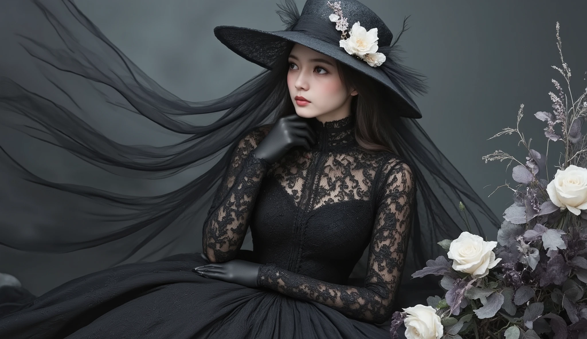 Beautiful woman in formal attire with a sad expression, black lace dress, gloves and a morning veil in a big brimmed hat