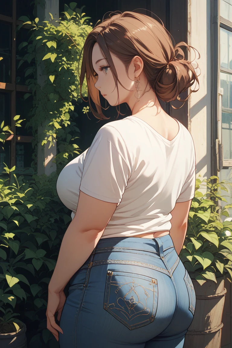 Farm girl, overall, big bust, big ass, posing, seductive face, 1girl, brown hair, long hair