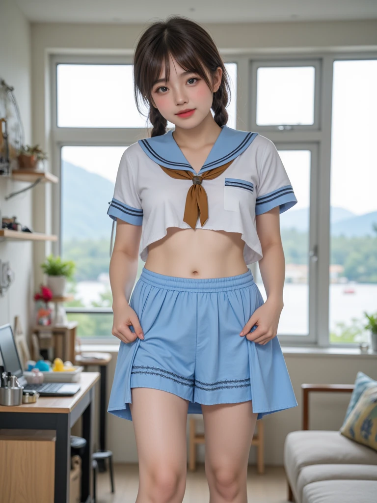 White large plainTshirt)),((Navy blue bloomers)) 、ponytail, Japanese Girls, 8K, ((Full Body Shot)), Highest quality, masterpiece, Realistic, Photorealistic Super Detail, One Girl, cute, Best Smile, Beautiful Eyes, Long Hair, Perfect Face,Full Body Shot