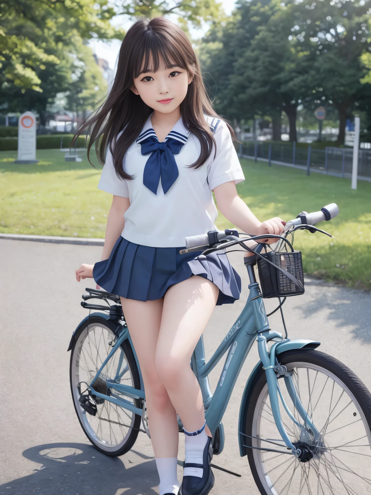 masterpiece, highest quality, 8K, , RAW photo, award-winning portraits, alone, noon, idol face,whole body,violaces, delicate girl, whole body, Completely naked、Digital single-lens reflex camera, looking at the viewer, shy smile、shame、flushed cheeks、thin arms, small breasts, nipple, small ass、thin waist、Frank, Sophisticated, like々New, thin arms, professional lighting, film grain, black eyes,chromatic aberration, (detailed eyes and face:1.0), (Bokeh:1.1),(hyper pretty face:1.2),(japan student sailor uniform:1.3),(dark color pleated skirts:1.2),(whole body:1.3),above the knee,(cute girls ride the bicycle:1.3),(angle from the front:1.3), (skirt lift:1.3),(the wind lifted your skirts:1.3),(white panties:1.3),looking at the viewer