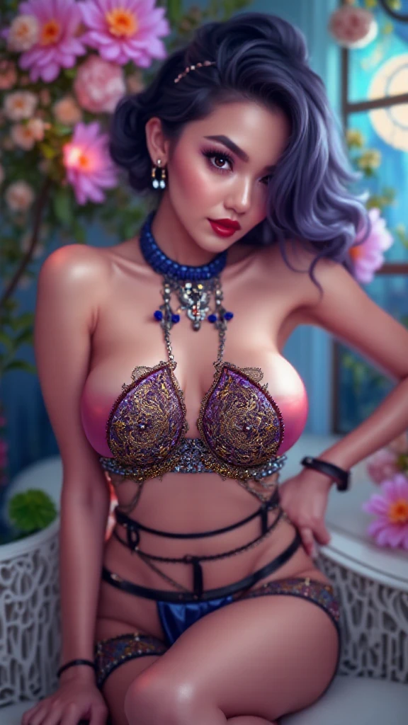 una mujer, fondo nitido, 4k, full hd, altos detalles, lenceria, sexy, aros, collar, joyeria, tatuajes, tetona, con senos grandes, pechos enormes, escote, labios rojos, cabello multicolor, tatuajes en su cuerpo, tatuaje en el pecho, ojos azules,