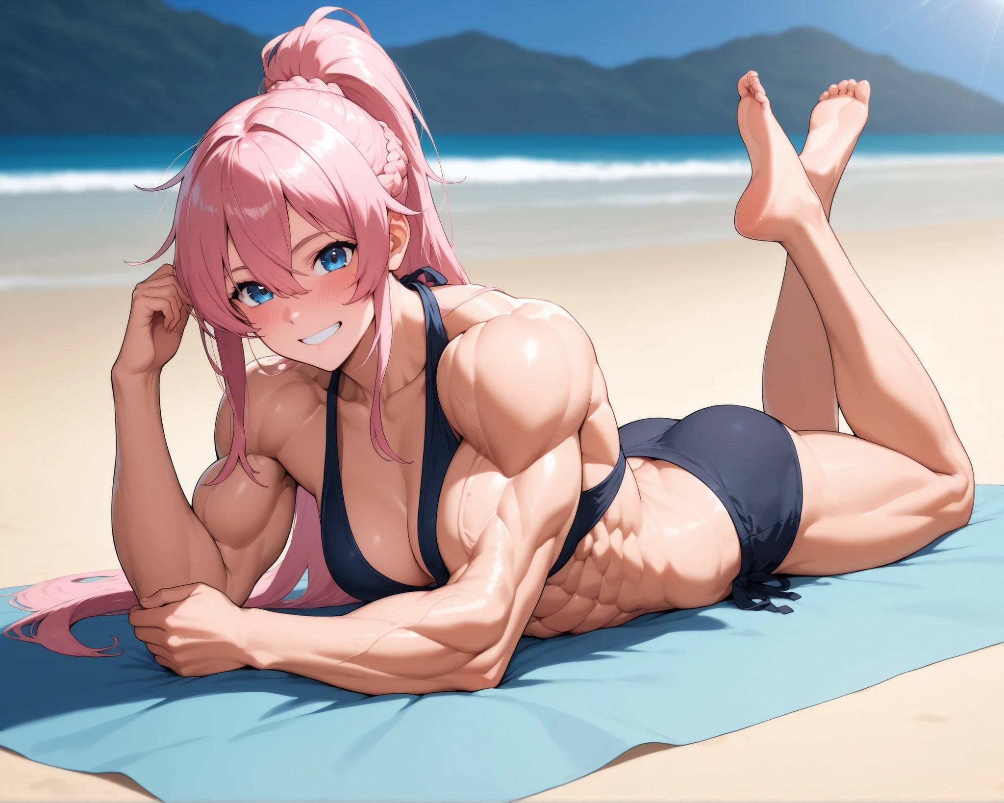 ((female)), (very messy hair), (happy smile), fangs, ((ripped abs)), toned arms and legs, small boobs, excessive sweating, (summer beach scenery), playing with beach ball, blue eyes, yacht in background,