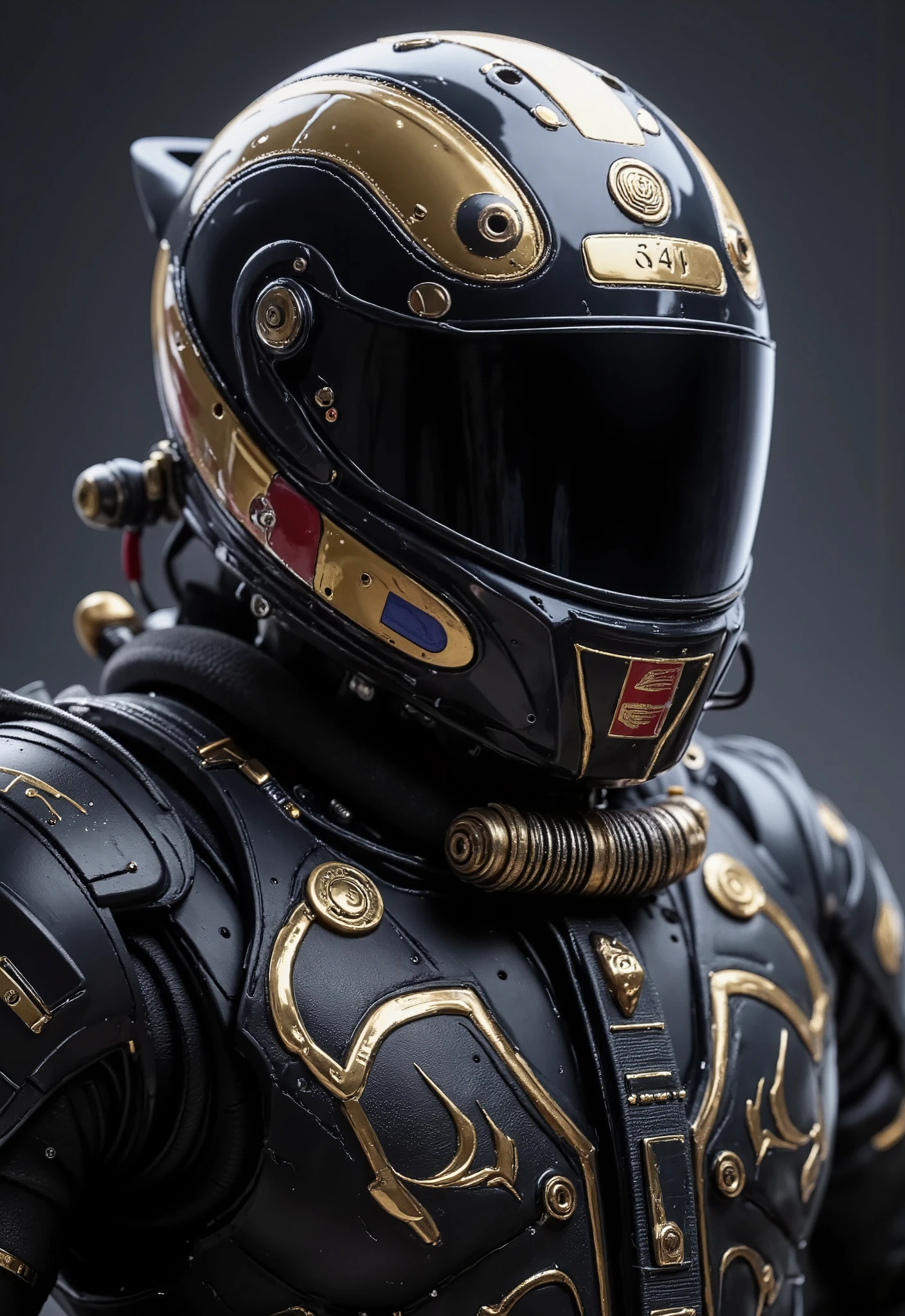 ((Uniform of a Formula 1 pilot , matte black with gold and red details black helmet with details in gold and blue color cinematic quality reference to historic and classic Formula 1 races HD quality 8k cinecmatic))