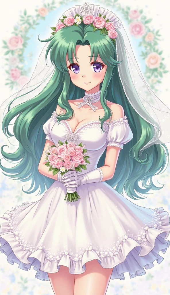 ((worst quality, low-quality)), ((girl)), Solo, (wedding dress), (((Longhaire, poneyTail, Green hair,):1.3)), (Big breasts), Hair over one eye, plump shiny lips, Beautiful clear eyes, Spoken Heart, Leaning forward, (Dynamic Pose:1.2), (((Beautiful colorful flowers, 1 large bouquet,Hold it with both hands:1.2))), Confetti, (Moon and majestic castle background), ((Shining moonlight)), (opal), (light Particle, light glow, llight rays:1.4), masutepiece,Best Quality,ultra-detailliert,