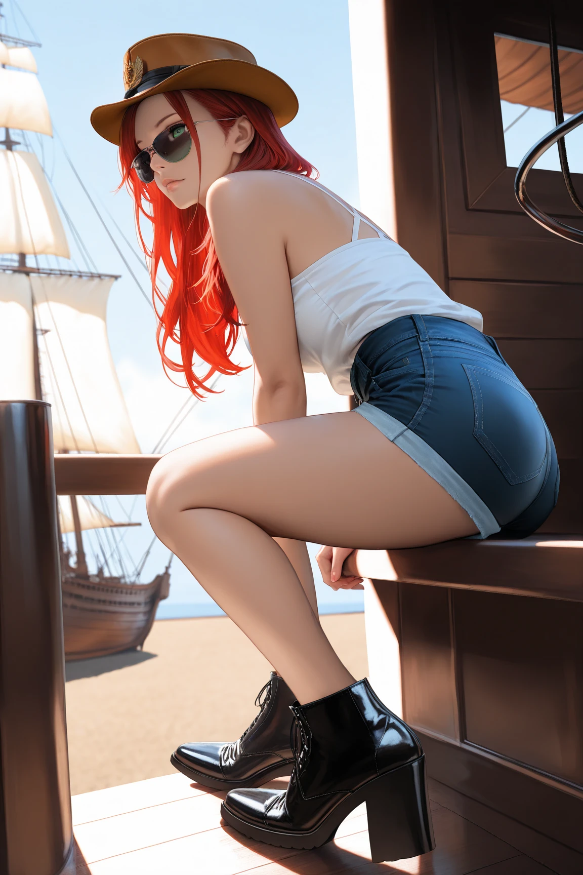 (Best Quality, 4k, Masterpiece :1.3), 1 girl, solo,Posing low angle rear view hyper realistic, redhead hair: 1.1, ultra-detailed face, detailed lips, A detailed eye, ancient fossil sites wearing fringed shorts