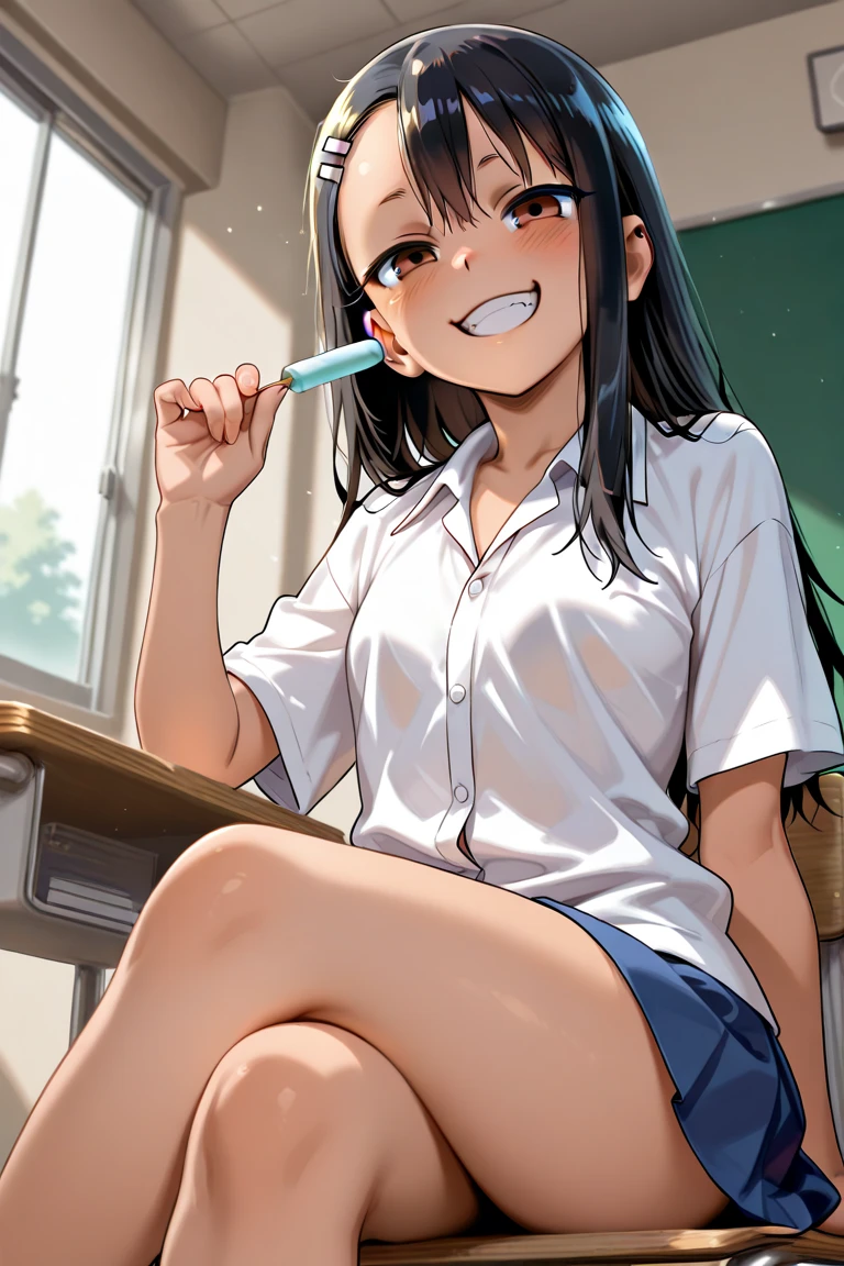 Nagatoro, lowleg panties , white panties, pubic hair, school, sucking finger, blush, trying not to laugh, small breasts, POV