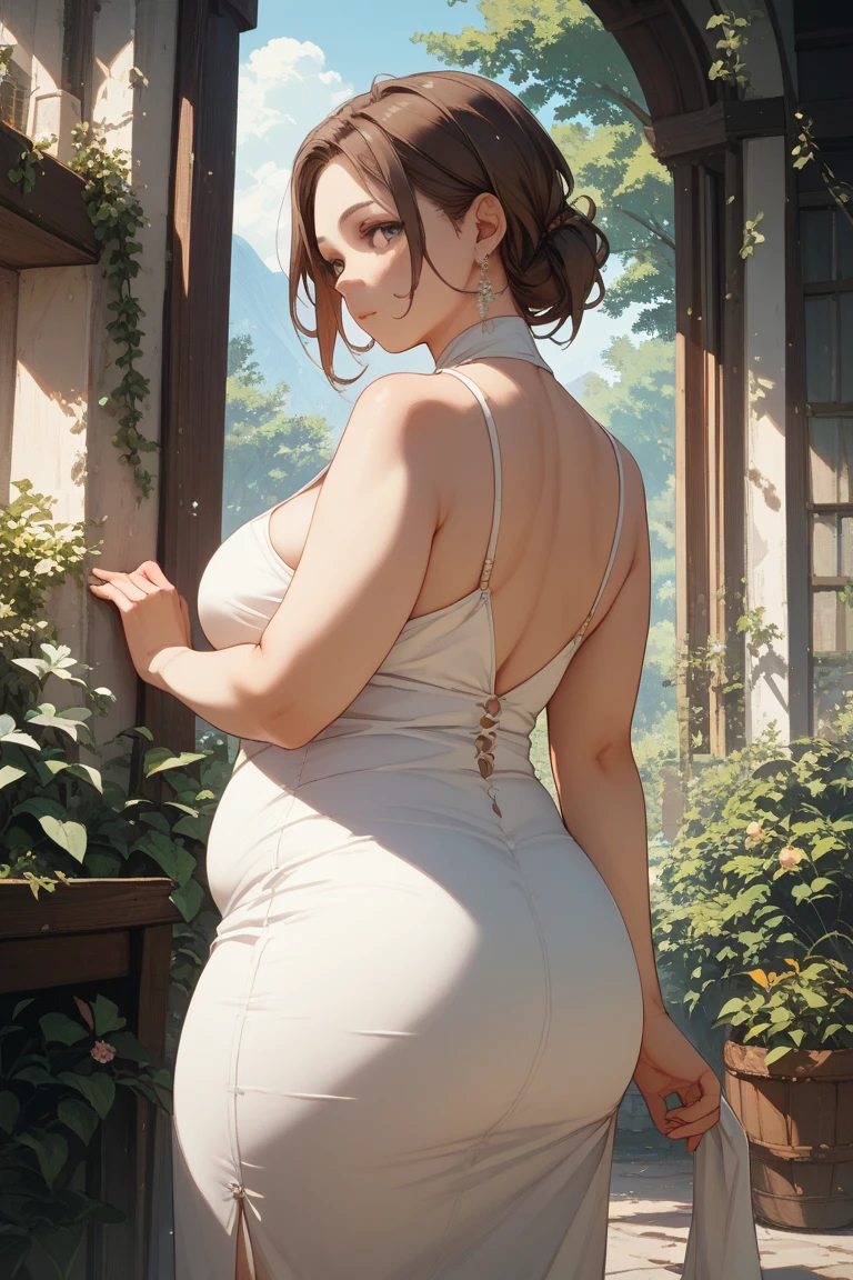masterpiece, best quality, extremely detail 8k cg, high resolution, 1girl, pakura, green hair, orange eyes, perfect eyes, choker, outfit-gls, sweater, high-waist skirt, high heels, perfect ass, huge breasts, forhead protector, outdoors, garden, standing, beautiful face, wide shot photo, full body, from behind