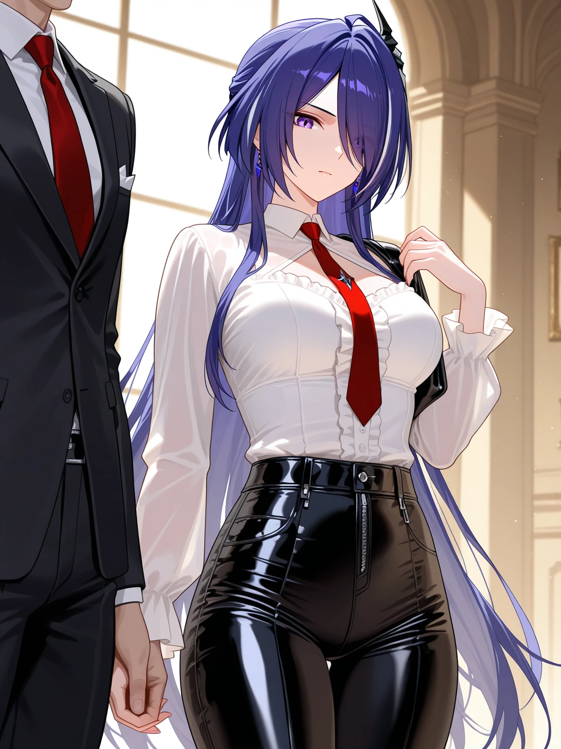 yinji,1 girl and one boy back to back poses,purple_hair,purple_Eye,Very_long_hair,grey_hair,Braided_Ponytail,big breast, Red hair boy，Wearing a white shirt，Very handsome red hair boy，With purple hairHolding Hands，  ,   slope_hair, , The background is dreamy