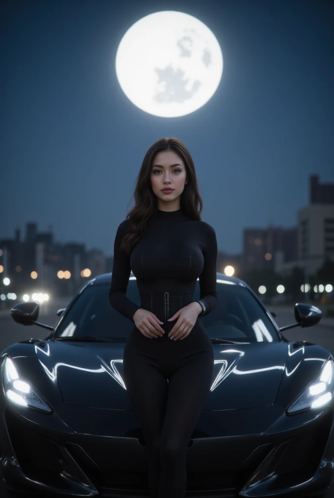 Beautiful biracial latina woman, long wavy blue hair , blue eyes, large breast, sit on the Hood of a black supercar, Headlights on, at night on a road, with full moon behind, in the forest, In black latex driving suit