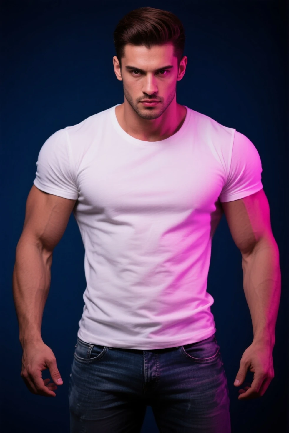 generate a master photograph describing a shapely Man, well-lit portrait of a muscular, stylish male fitness model standing confidently against a minimalistic, modern background, (8K, best quality), smile, brown hair, black hair, (hard chest, six pack, v cut), half body, he is smiling slightly, wearing a fitted, plain white t-shirt and casual jeans, with a watch on his wrist, the overall vibe is approachable and professional, (He has sexy buttocks, Most sexy booty, Most sexy glutes), Manly, Mancore, (He has fit hips, sexy hips, sexy fit hips, extremely sexy hips), (asian skin, glistening skin, beautiful complexion), shot on Fujifilm superia, (Studio soft light, high detail, cinematic lighting, rim lighting), Style: (hyperrealistic, by DynastySeries FashionNova, photo, {{{masterpiece photography}}}, analog photograph, professional fashion photoshoot, trending on artstation, synthwave, krrrsty), Quality: (photographed, masterpiece, highest resolution), Definition: (highres, sharp focus, 8k uhd, ultra photo-realistic resolution), Film: (80 mm, shot on portra 120, shot on Fujifilm), Resolution: (extremely detailed, (sharp focus:1.5), cinematic lighting, dramatic lighting, ultra photo-realistic), luxury: