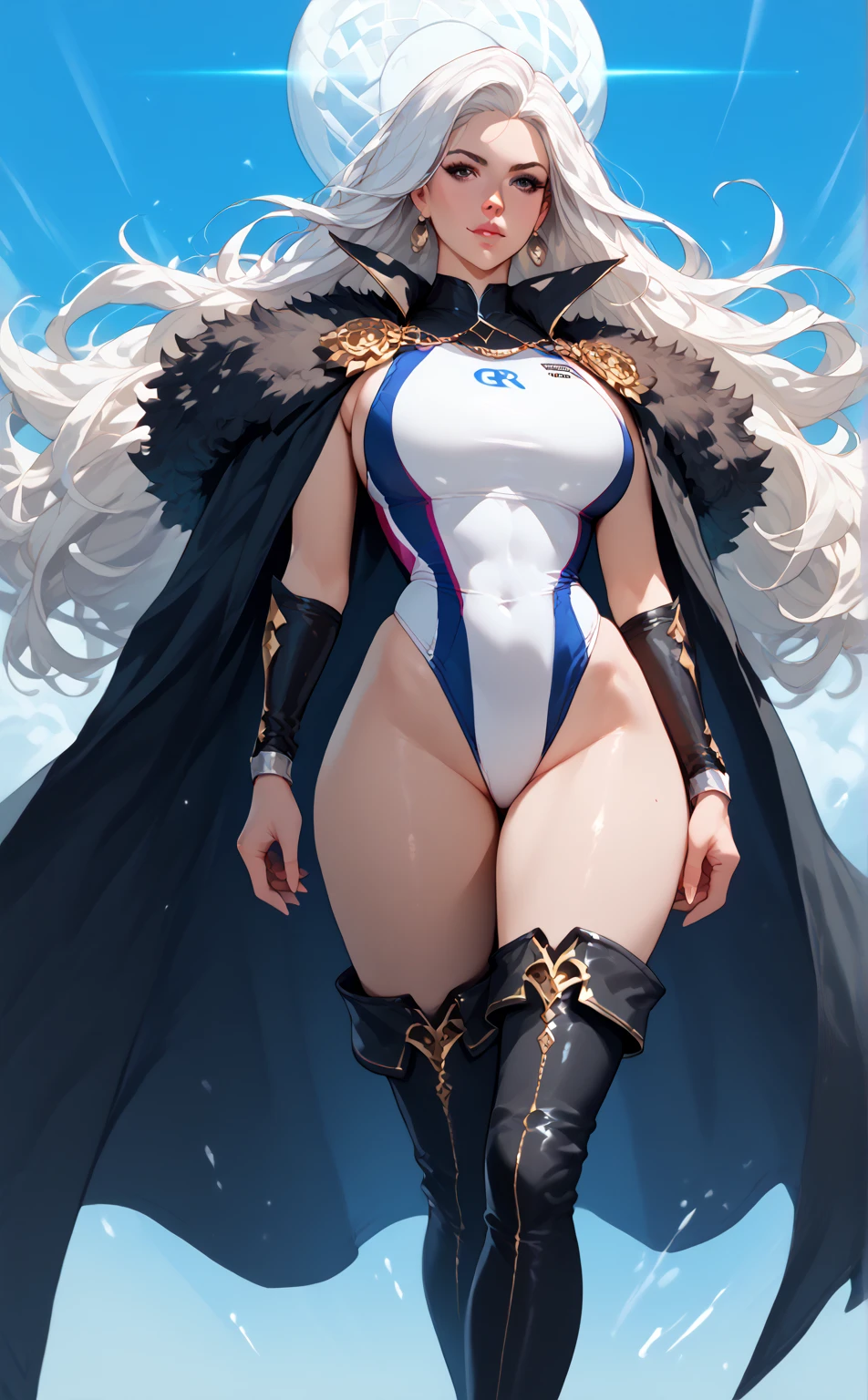 female, solo, young, sexy body, voluptuous figure, tightsuit, white hair, decolored blonde hair, ice effects around, ice queen, beautifull face, long hair, defined body, yellow and bright eyes, thick legs, strong legs, tall, Voluptuous legs, huge ass, big hip, big ass, female sorcerer, blue and black robes,