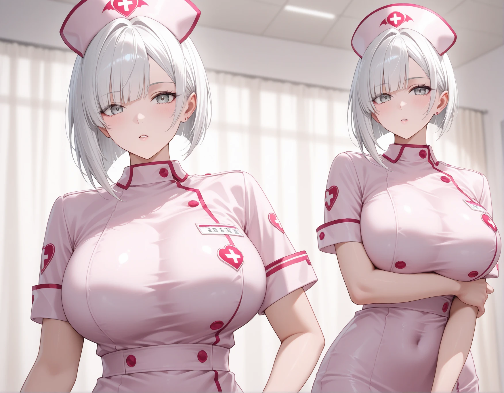 hospital, latex nurse suit,nurse,busty,gloves,labcoat,silver hair woman, azure eyes , gigantic boobs ,medical instruments,asian nurse,two nurses,speculum,examination room,oversize boobs,mask ,big ass ,strap on ,giving birth,ahegao