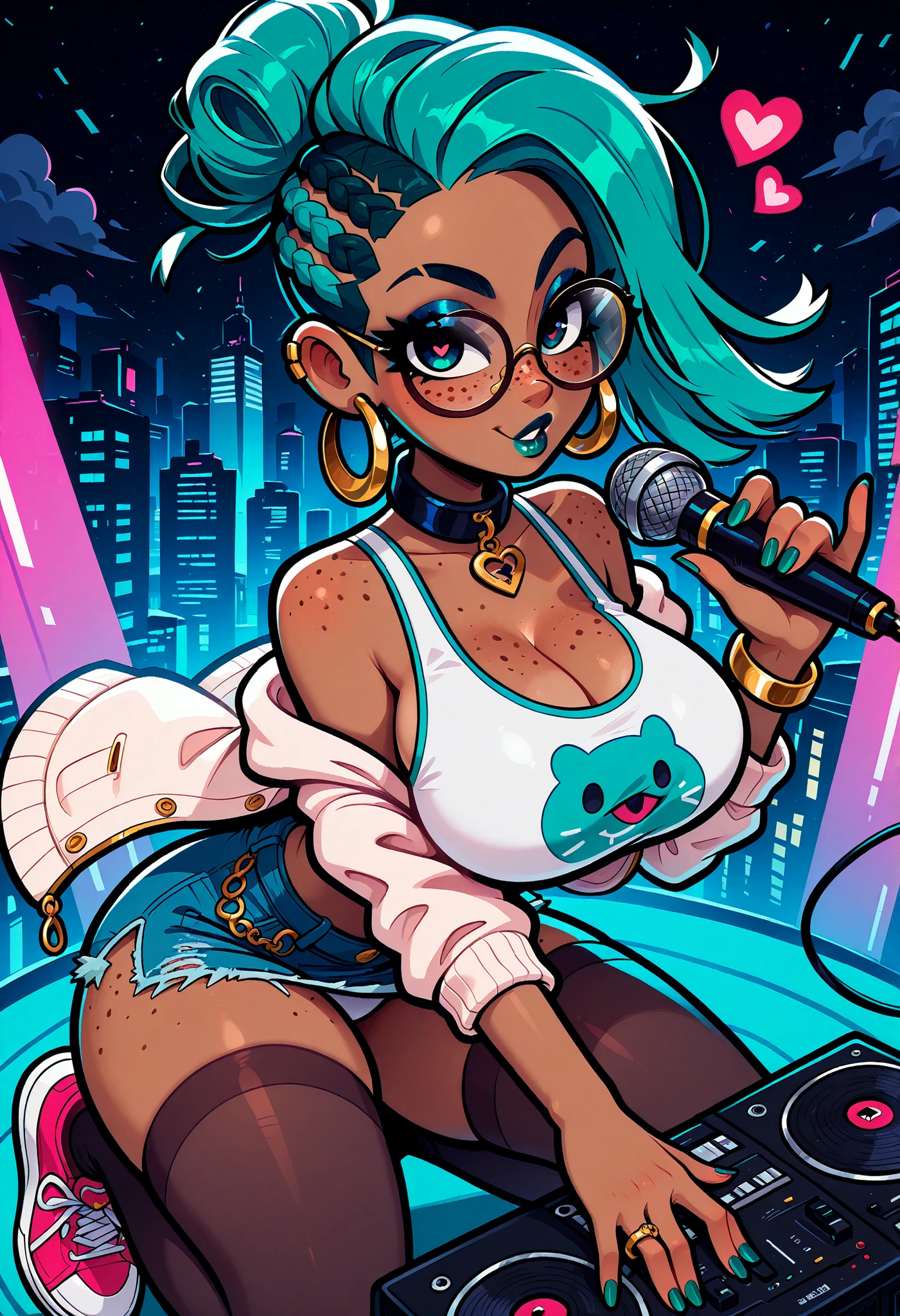 masterpiece, best quality, very aesthetic, absurdres, safe, (masterpiece), 1girl, solo, best quality, expressive eyes, perfect face, newest, perfect anatomy, flawless face, dark skinned African female with cornrows and glasses, hoop earrings, gold rings, off the shoulder tank top, midriff, denim miniskirt, multicolored hair, white panties, collar with heart pendant, sneakers, color saturation, makeup, lipstick, glossy lips, freckles, big breasts, big butt, hair blowing in wind, green hair, two-tone hair, seductive expression, sexy look, looking at viewer, black knee high stockings, dimly lit, backlit, backlighting, at a party, wallpaper, colorful pink and green cloudy sky, city skyline in the background, heart ring, boombox, turntable, holding a microphone, music notes, peace sign