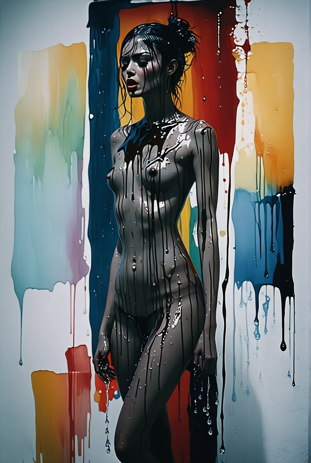 painting of a naked woman with a lot of paint on her body, ark album cover, inspired by Nicola Samori, Nadav Kander, disfigured figure, Wild and languid woman, by Nicola Samori, Brooke Shaden detailed, Oil painting concept art, Thomas Eakins and Beksi