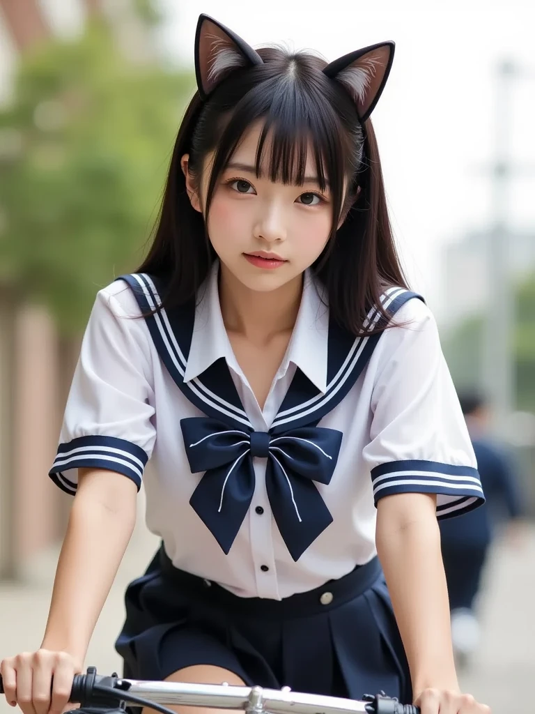 (masterpiece, highest quality:1.2), 8k, official art, RAW photo, incredibly absurd, ( sailor suit, serafuku:1.4), amazing beautiful girl, amazingly cute face, (navy pleated skirt:1.1), close, school uniform, short sleeve, gardenia, violaces, teen, street, looking at the viewer with a smile, no makeup, film grain, chromatic aberration, sharp focus, face light, dynamic lighting, cinematic lighting, detailed eyes and face,short hair、 background bokeh、super slim thighs、((Erotic Panties are showing through、beautiful pussy line:1.1))、(High twin tails with ribbons:1.4),,(((A child with an extremely cute young face:1.35))), 、(very young  with big breasts:1.2)