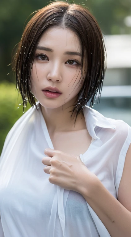 (Highest quality、8K、masterpiece:1.3)、(Wet white blouse)、Beautiful woman、1 female、(chest、Attractive body:1.2)、Abdominal muscles:1.1、Dark brown hair:1.1、(It rained and I got wet、Raindrops、Wet body:1.2)、Ultra-high definition face、Detailed lips、Detailed eyes、double eyelid