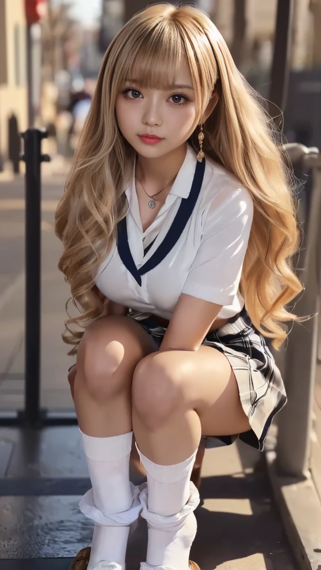 Her windblown blonde hair obscures her pretty face..、Bangs that flow between the eyes、Sexy big 、16 year old cute little smile、Shiny, bright, straight, super long blonde hair、Cute and beautiful long, smooth bangs covering the area between the eyes、Long, straight, silky hair、sexy and cute beautiful young girl、clear, white and Shiny skin、Shiny skin、Beautiful Face、Beautiful brown eyes that shine so brightly、Very big eyes、Small Face Beauty、Perfect beauty、(Full body 2:1)、(high school girl)、Crouching on the school steps、Shot from below、uniform、Sailor suit、Navy blue short skirt、Her white pants are slightly visible、Sexy pose、gravure、 information