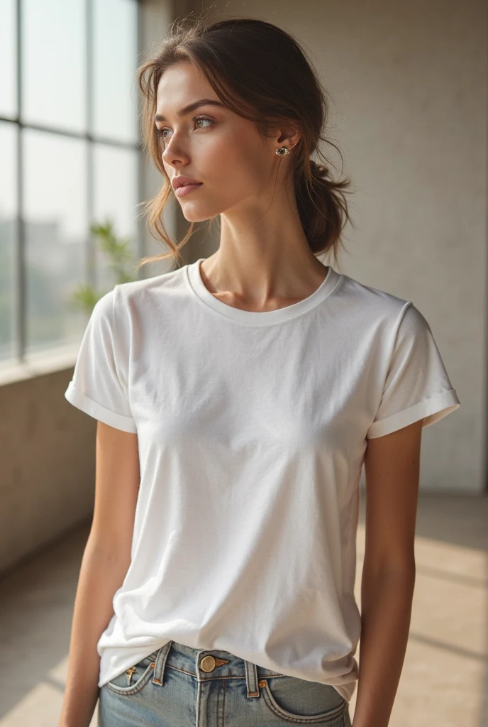 Close-up of a woman in a white shirt and grey pants, Aleksandra Waliszewska, Model pose, Beautiful Model, Slim girl model photo, Tight shirt, Female Model, Wearing a white T-shirt, Victoria&#39;s Secret Model, wearing Tight shirt, Sexy pose, photo shoot, Strong pose, Magdalena more often, Attractive pose, Side pose