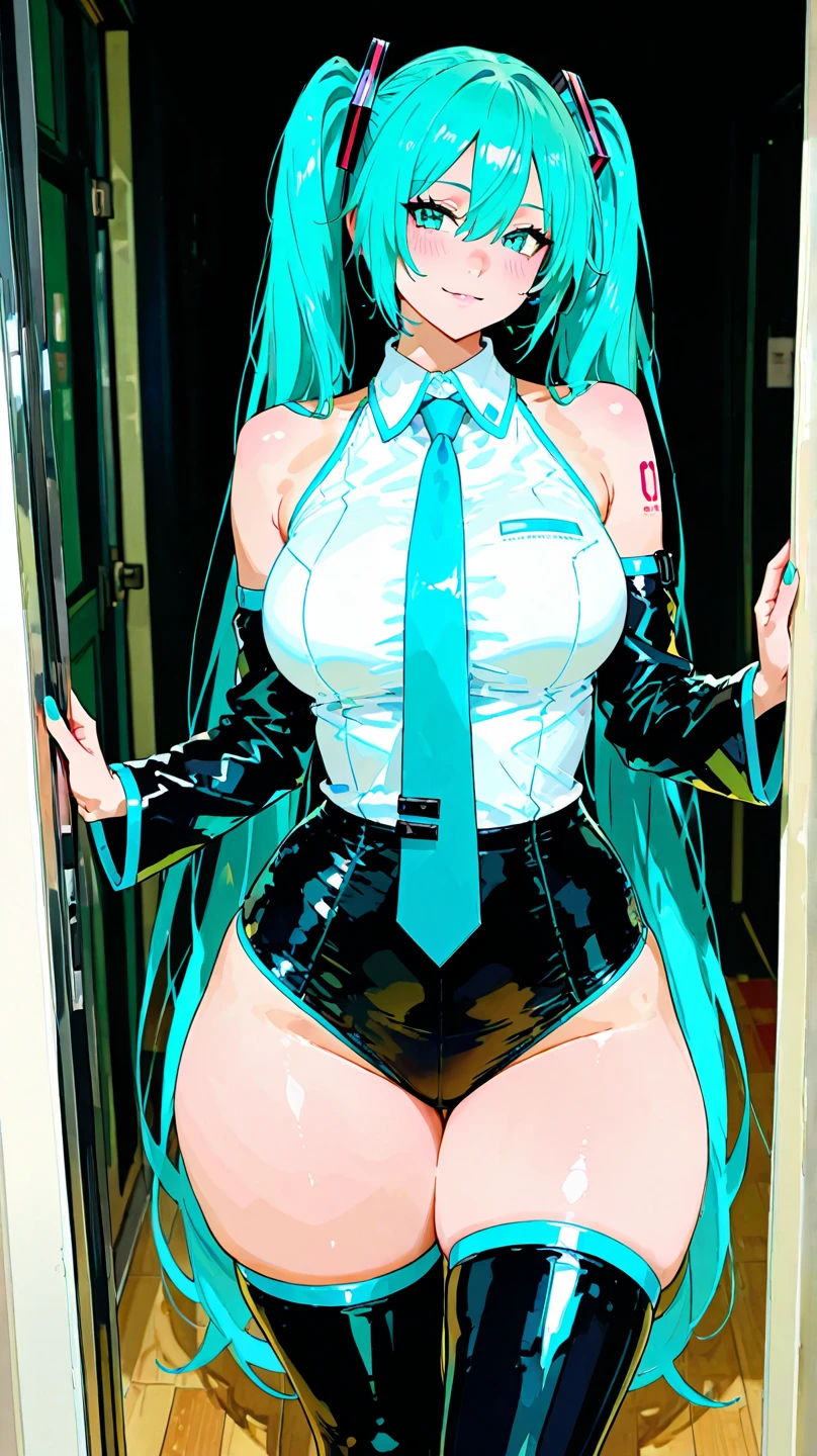 ((Hatsune Miku)), sexy outfit, twintails, high-leg leotard, high heels, ((bunny girl)), (huge breasts), black stocking, ((rabbit ear hair ornaments)), Valentine, Scalpel face, sexy pose, in room, high quality, high resolution, anime style