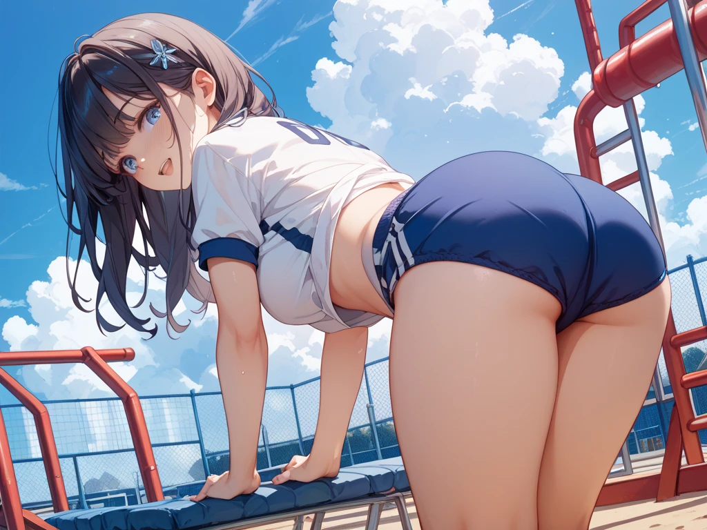(((Panty shot)))、sailor suit、beautiful girl、short brown hair、((whole body))、(((photo taken from below)))、school gate
