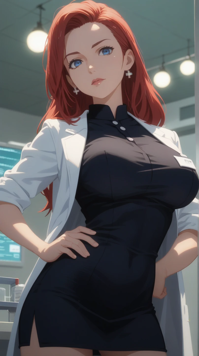 Sonia, Big, big, perfect body, outstanding style, female doctor, topless, lab coat, emphasis on breasts, arms behind, erotic expression, estrus face, sideways ponytail, orange hair, bangs, infirmary, panty, green eyes