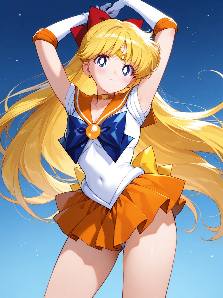 Tabletop, highest quality, High resolution, SV1, Sailor Warrior Uniforms, Orange Skirt, ミニスカートから見えるWhite panties、Bikini pants、White shorts seen from the white shorts view、Elbow Groove, Tierra, Pleated skirt, Flip up a miniskirt, White panties、Beautiful panties Beautiful camel toe、Red Bow, Orange Choker, White gloves, jewelry, Starry Sky, Cool pose, smile, Portraiture, floating, moon, Upper Body
