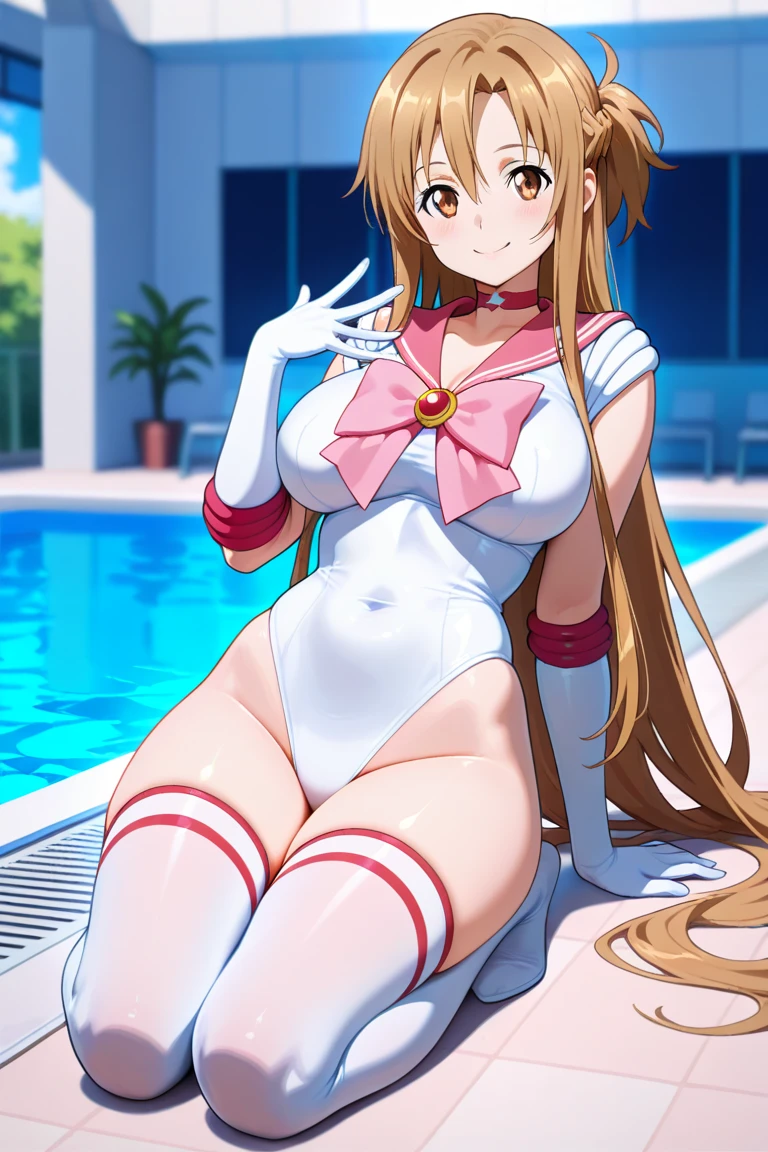 Masterpiece, Best Quality, High Resolution, SV1, Sailor Warrior Uniform, Elbow Gloves, Tiara, Red Bow, Orange Choker, Orange Sailor Color, White Gloves, Jewelry, White Leotard, (Example Pool)), Street, ((from the front)), Perfect Arms, ((squatting on the ground)), Crotch wide open from side to side, Arms behind the head, Armpits showing, Staring at the viewer, (( Face the front of the body to the viewer, crotch wide open from side to side towards the viewer)), embarrassing, blush, bare feet, high heels frontal shots