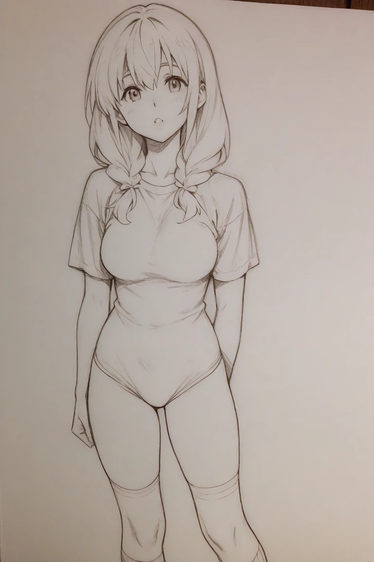 1 ,Line drawing,monochrome,(sketch:1.5、pattern、pencil drawing:1.5、board:1.5),board,traditional media, whole body,look up,Cold Background ,(Wearing underwear) ,Smile,Long hair,Clothing Model