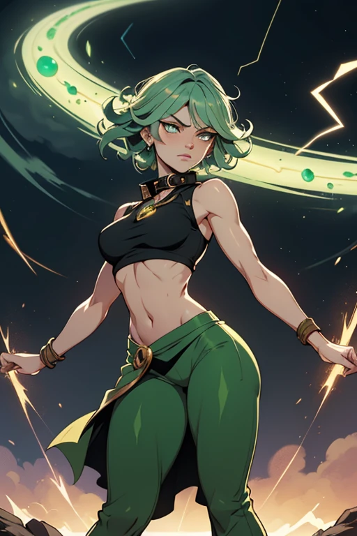 (best quality, masterpiece), green hair, green earrings, yoga pants, yoga bra, skin tight, toned, smug, smirk, kefla, thin waist, backlight,