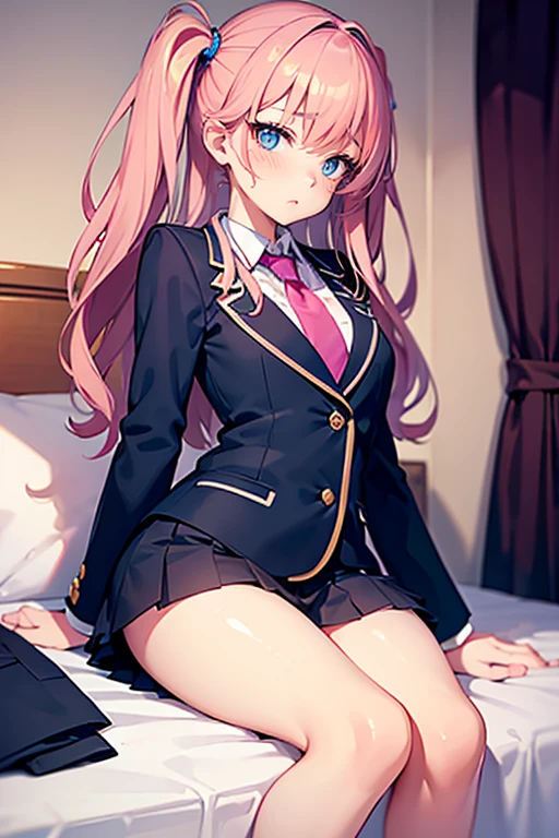 a beauty girl,girl with,a smile,Cute blazer in black uniform,Ribbon on uniform、top-quality,masterpiece,huge tit,超A high resolution,Excellent style,Perfect facial features,a beauty girl,modeled,Pink hair,girl,Long,masterpiece,a bed,