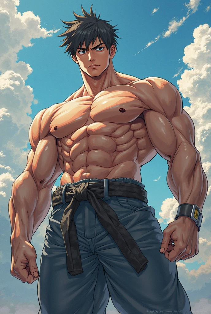 Yuji Itadori from Jujutsu Kaisen, wearing black pants, in combat pose, slightly muscular, defined body, shirtless, abs, big legs