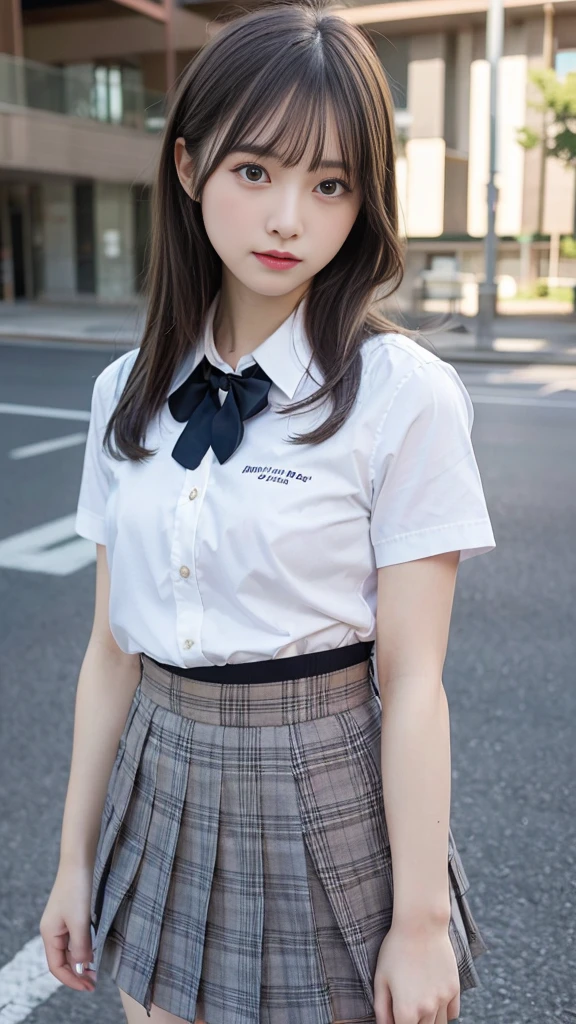 ((Breast enlargement)), (masterpiece, Highest quality:1.2), 8K, Young and beautiful girl, 85mm,Official AR RAW Photos, (Baby Face), ((Small face)), (((Super big breasts))), Detailed nipples, Show me your ears、photo shoot, Cute face, Thighs, Classroom after school, Looking at the audience, Embarrassing、smile、No makeup, Film Grain, chromatic aberration, Sharp focus, Face Light, Bright lighting, 10 generations, Detailed face, Background blur、((((((14 year old high school girl))))))、Narrow waist, ((Schoolgirl uniform, Checkered pleated mini skirt)), (White tiny panties), Lift the skirt with your hands